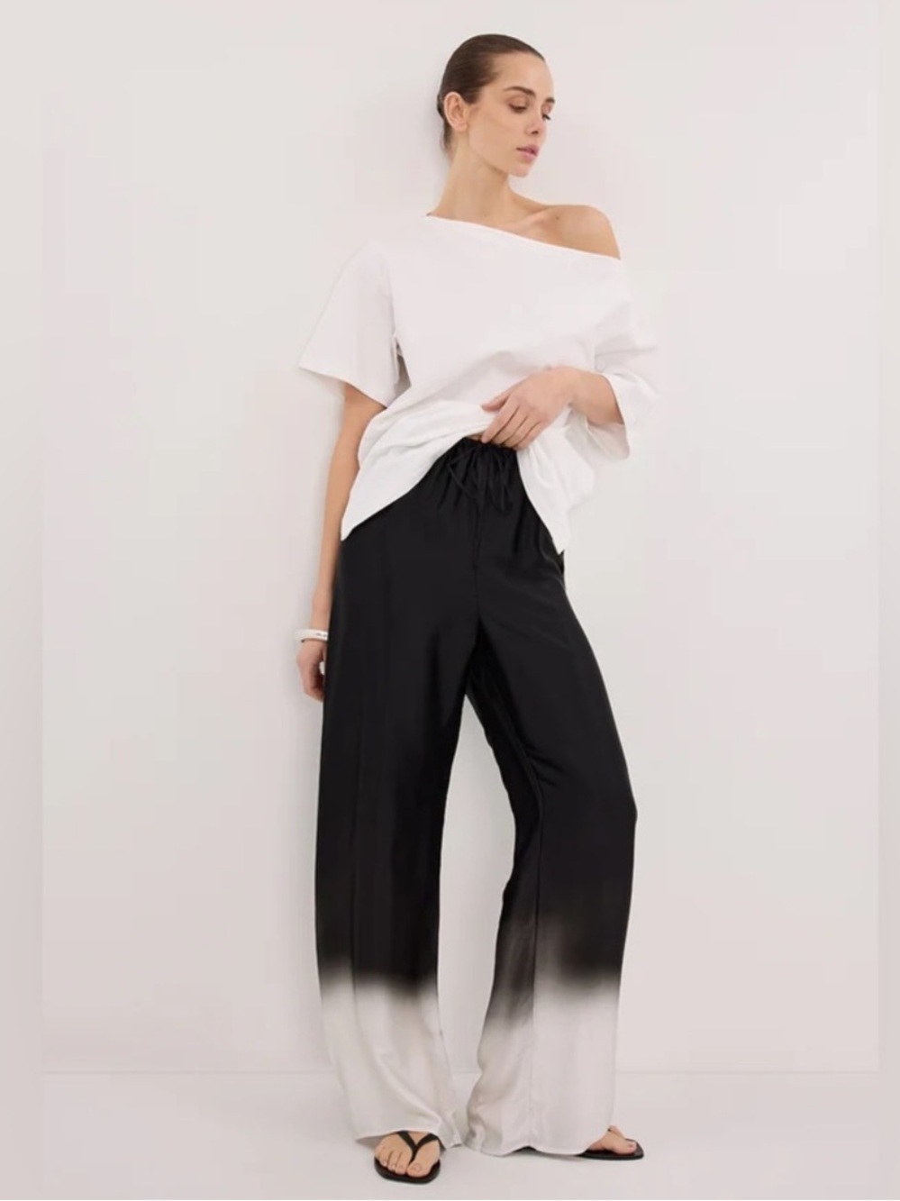 DISSH Black-to-White Ombre Wide-Leg Drawstring Pants